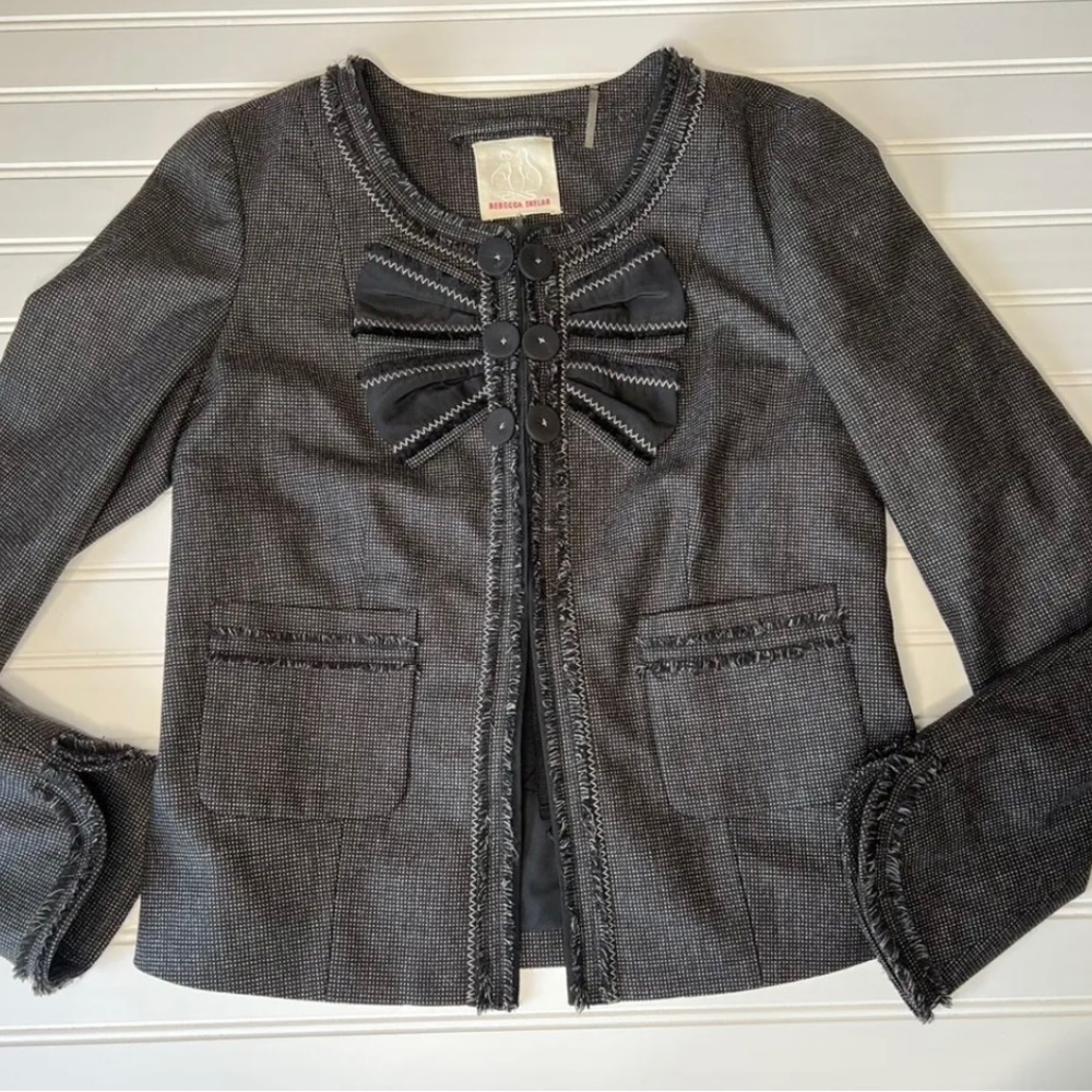 Rebecca Taylor Ruffled Multi Tweed Jacket Long Sleeve Wool Blend Black Gray 8